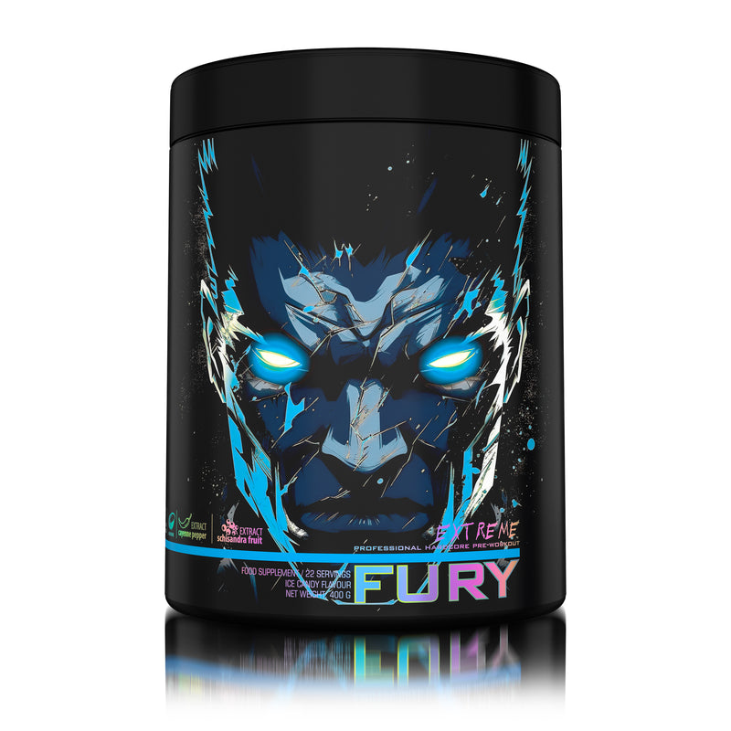 Load image into Gallery viewer, FURY EXTREME PRE-WORKOUT 400g 22serv Genius Nutrition Ice Candy - Pre-workout supplement with high caffeine content to boost energy, enhance pump (NO), burn fat and improve endurance (CarnoGen®).
