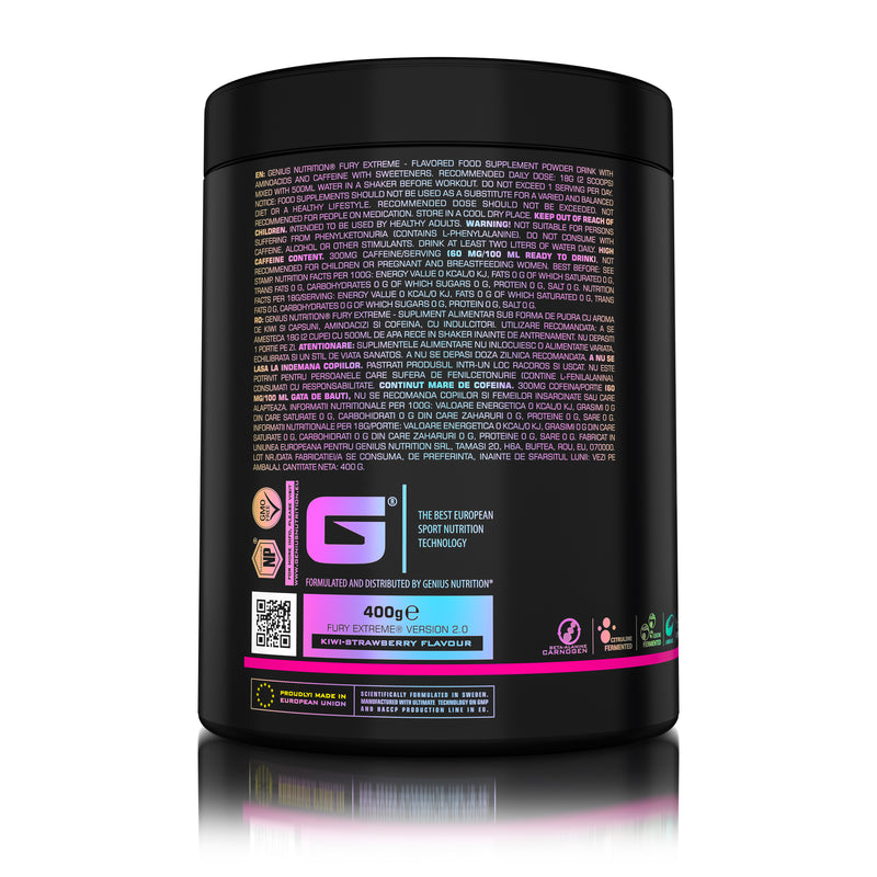 Load image into Gallery viewer, FURY EXTREME PRE-WORKOUT 400g 22serv Genius Nutrition Kiwi-Strawberry - Pre-workout supplement with high caffeine content to boost energy, enhance pump (NO), burn fat and improve endurance (CarnoGen®).
