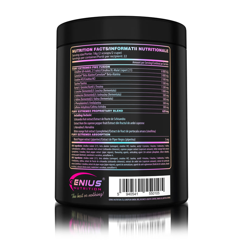 Load image into Gallery viewer, FURY EXTREME PRE-WORKOUT 400g 22serv Genius Nutrition Kiwi Strawberry - Pre-workout supplement with high caffeine content to boost energy, enhance pump (NO), burn fat and improve endurance (CarnoGen®).
