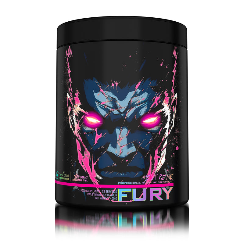 Load image into Gallery viewer, FURY EXTREME PRE-WORKOUT 400g 22serv Genius Nutrition Kiwi Strawberry - Pre-workout supplement with high caffeine content to boost energy, enhance pump (NO), burn fat and improve endurance (CarnoGen®).
