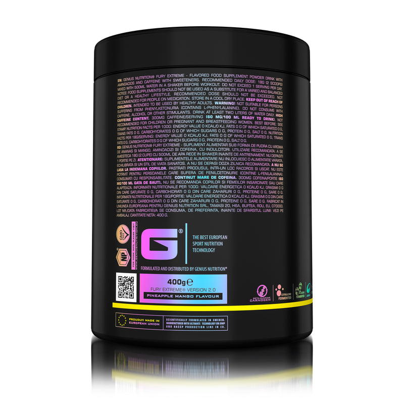 Load image into Gallery viewer, FURY EXTREME PRE-WORKOUT 400g 22serv Genius Nutrition Pineapple Mango - Pre-workout supplement with high caffeine content to boost energy, enhance pump (NO), burn fat and improve endurance (CarnoGen®).
