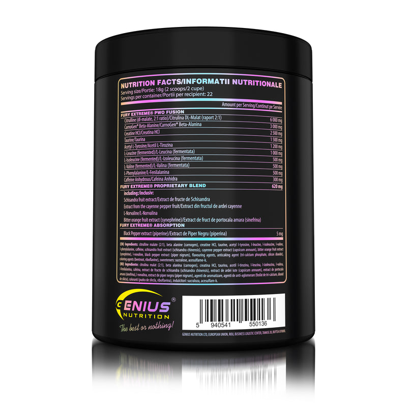 Load image into Gallery viewer, FURY EXTREME PRE-WORKOUT 400g 22serv Genius Nutrition Pineapple Mango - Pre-workout supplement with high caffeine content to boost energy, enhance pump (NO), burn fat and improve endurance (CarnoGen®).
