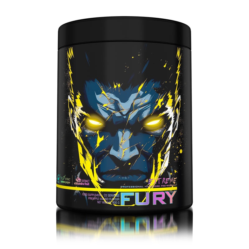 Load image into Gallery viewer, FURY EXTREME PRE-WORKOUT 400g 22serv Genius Nutrition Pineapple Mango - Pre-workout supplement with high caffeine content to boost energy, enhance pump (NO), burn fat and improve endurance (CarnoGen®).
