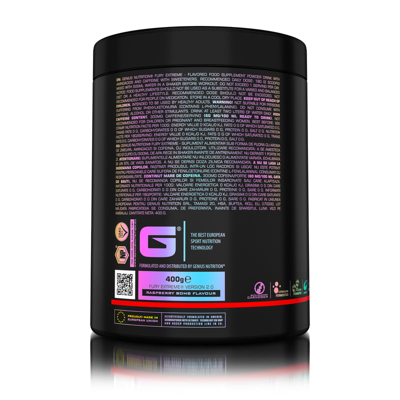 Load image into Gallery viewer, FURY EXTREME PRE-WORKOUT 400g 22serv Genius Nutrition Raspberry Bomb - Pre-workout supplement with high caffeine content to boost energy, enhance pump (NO), burn fat and improve endurance (CarnoGen®).
