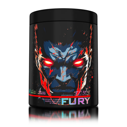 FURY EXTREME PRE-WORKOUT 400g 22serv Genius Nutrition Raspberry Bomb - Pre-workout supplement with high caffeine content to boost energy, enhance pump (NO), burn fat and improve endurance (CarnoGen®).