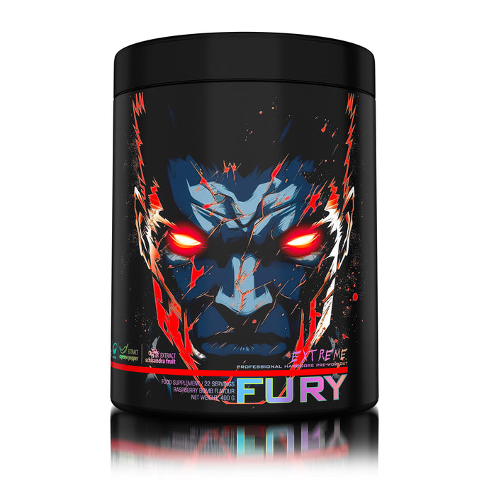 FURY EXTREME PRE-WORKOUT 400g 22serv Genius Nutrition Raspberry Bomb - Pre-workout supplement with high caffeine content to boost energy, enhance pump (NO), burn fat and improve endurance (CarnoGen®).