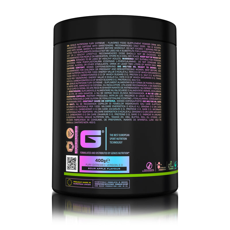 Load image into Gallery viewer, FURY EXTREME PRE-WORKOUT 400g 22serv Genius Nutrition Sour Apple - Pre-workout supplement with high caffeine content to boost energy, enhance pump (NO), burn fat and improve endurance (CarnoGen®).
