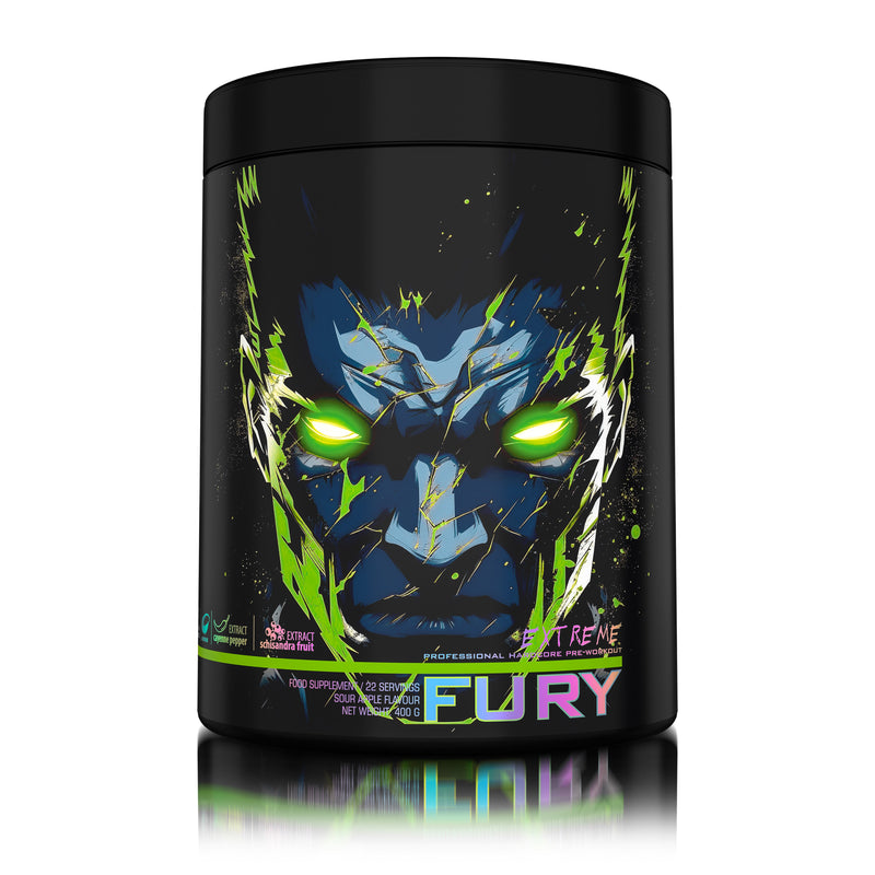 Load image into Gallery viewer, FURY EXTREME PRE-WORKOUT 400g 22serv Genius Nutrition Sour Apple - Pre-workout supplement with high caffeine content to boost energy, enhance pump (NO), burn fat and improve endurance (CarnoGen®).
