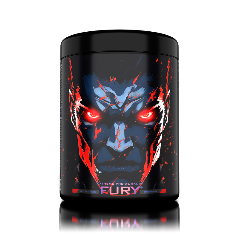 Load image into Gallery viewer, FURY EXTREME PRE-WORKOUT 400g 42serv Genius Nutrition Raspberry Bomb - Pre-workout supplement with high caffeine content to boost energy, enhance pump (NO), burn fat and improve endurance (CarnoGen®).

