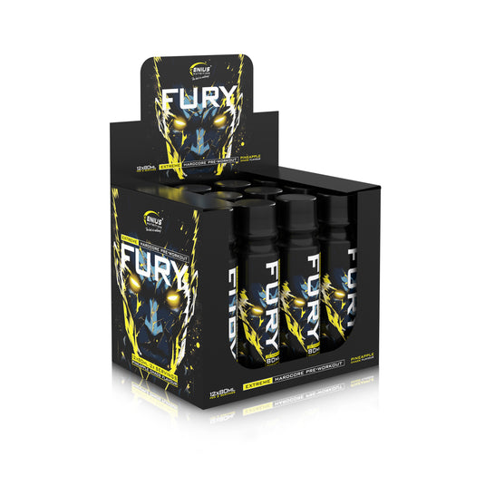 FURY EXTREME SHOT 80ml 2serv Genius Nutrition Pineapple Chaos - RTD pre-workout supplement with high caffeine content for energy, focus and endurance.