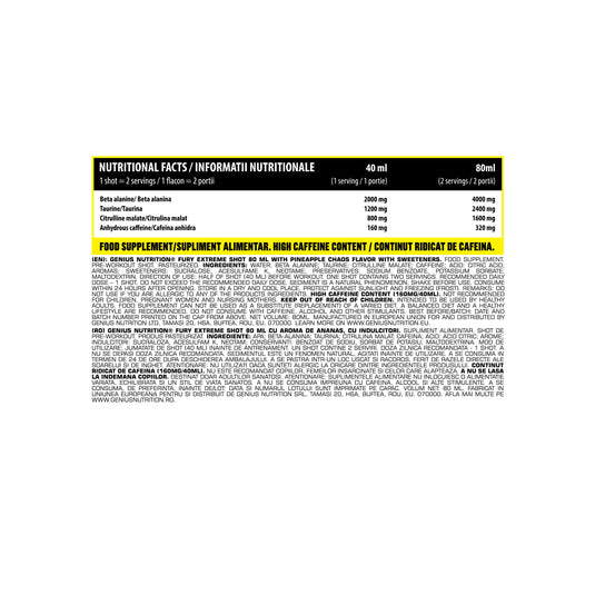 FURY EXTREME SHOT 80ml 2serv Genius Nutrition Pineapple Chaos - RTD pre-workout supplement with high caffeine content for energy, focus and endurance.