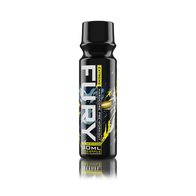 FURY EXTREME SHOT 80ml 2serv Genius Nutrition Pineapple Chaos - RTD pre-workout supplement with high caffeine content for energy, focus and endurance.