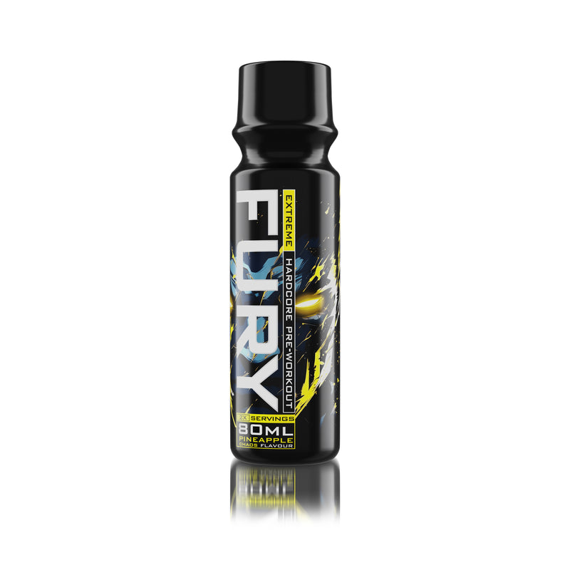 Load image into Gallery viewer, FURY EXTREME SHOT 80ml 2serv Genius Nutrition Pineapple Chaos - RTD pre-workout supplement with high caffeine content for energy, focus and endurance.
