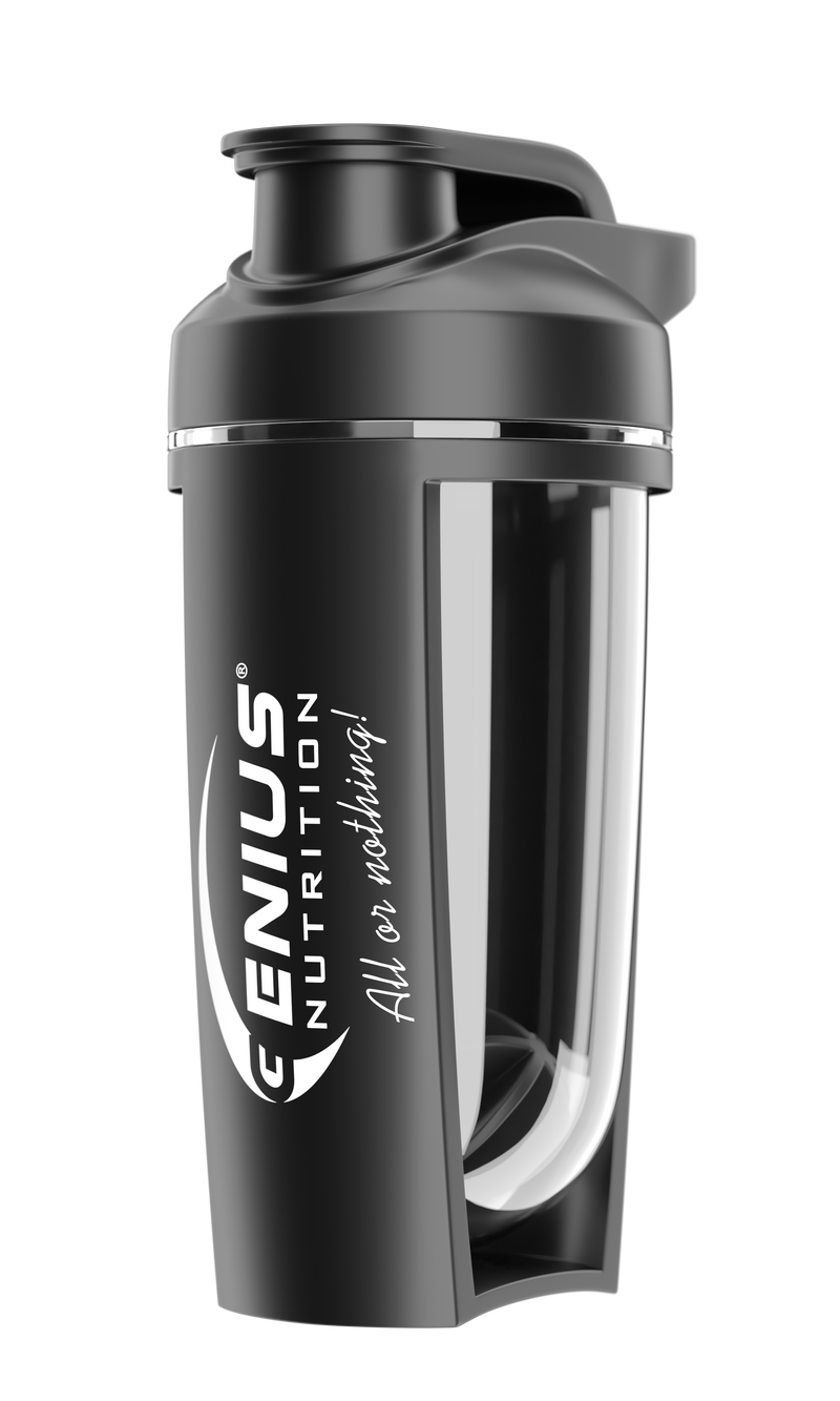 Load image into Gallery viewer, G-SHAKER 500ml Genius Nutrition Black - Made from non-toxic PCTG copolyester, the 500ml shaker features a screw-on lid and an internal mixer, making it ideal for mixing powdered supplements like protein and creatine.
