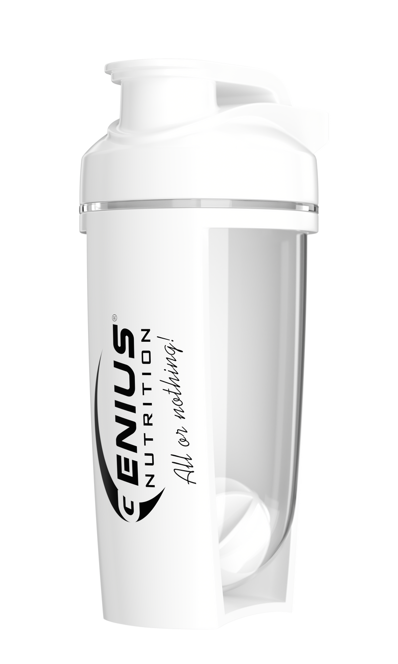 Load image into Gallery viewer, G-SHAKER 500ml Genius Nutrition White - Made from non-toxic PCTG copolyester, the 500ml shaker features a screw-on lid and an internal mixer, making it ideal for mixing powdered supplements like protein and creatine.
