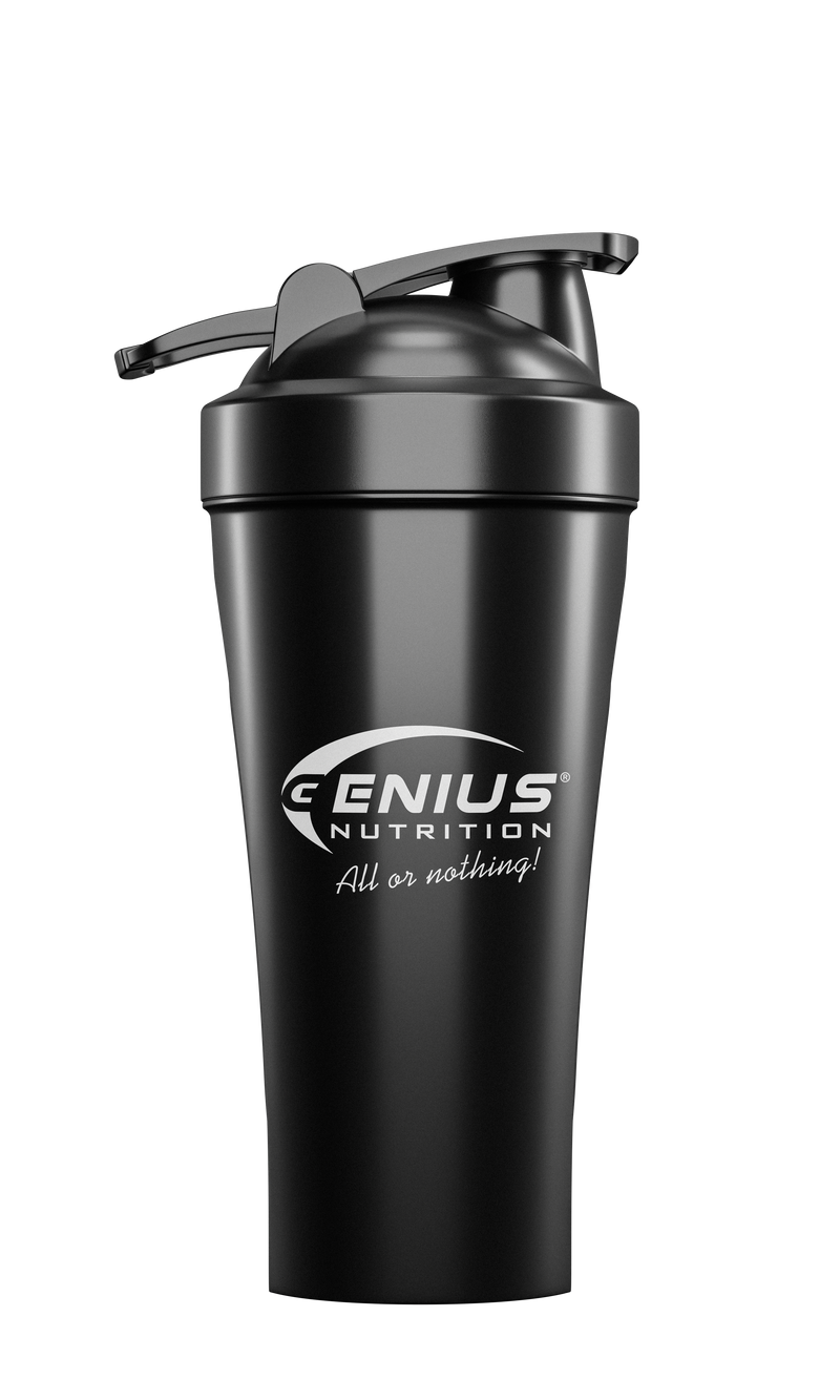Load image into Gallery viewer, GENIUS NUTRITION® SHAKER 600ml Black - Made from high-quality, non-toxic polypropylene, the 600ml/20oz shaker features a screw-on lid and a metal whisk ball for smooth mixing of powdered supplements like protein, creatine, and pre-workout boosters.
