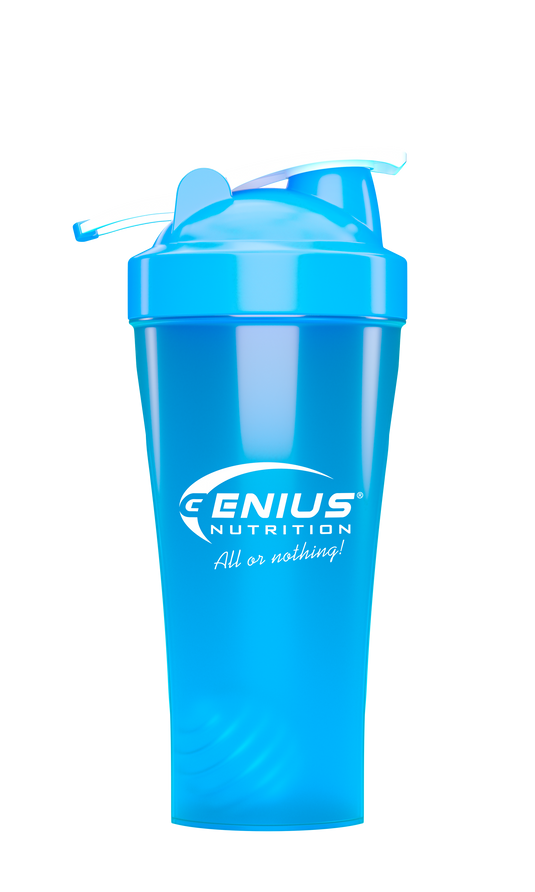 GENIUS NUTRITION® SHAKER 600ml Blue - Made from high-quality, non-toxic polypropylene, the 600ml/20oz shaker features a screw-on lid and a metal whisk ball for smooth mixing of powdered supplements like protein, creatine, and pre-workout boosters.