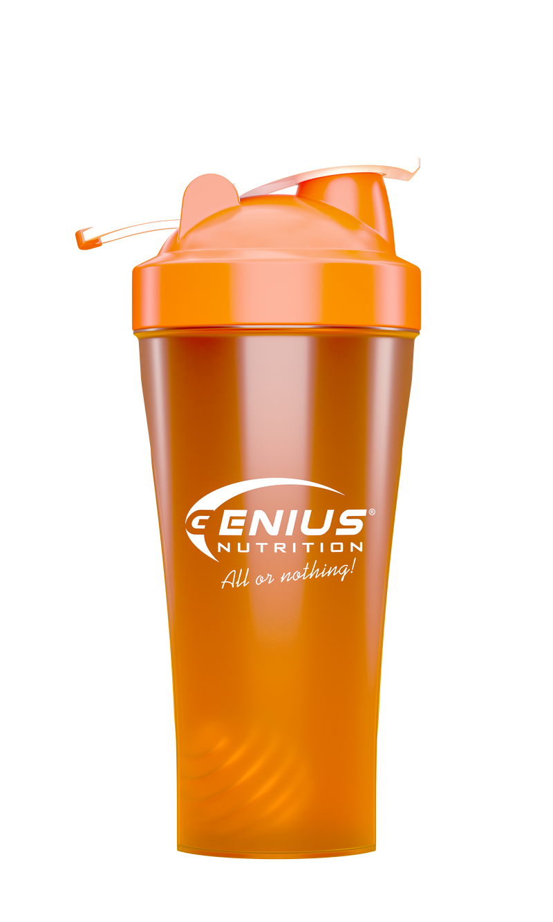 Load image into Gallery viewer, GENIUS NUTRITION® SHAKER 600ml Orange - Made from high-quality, non-toxic polypropylene, the 600ml/20oz shaker features a screw-on lid and a metal whisk ball for smooth mixing of powdered supplements like protein, creatine, and pre-workout boosters.
