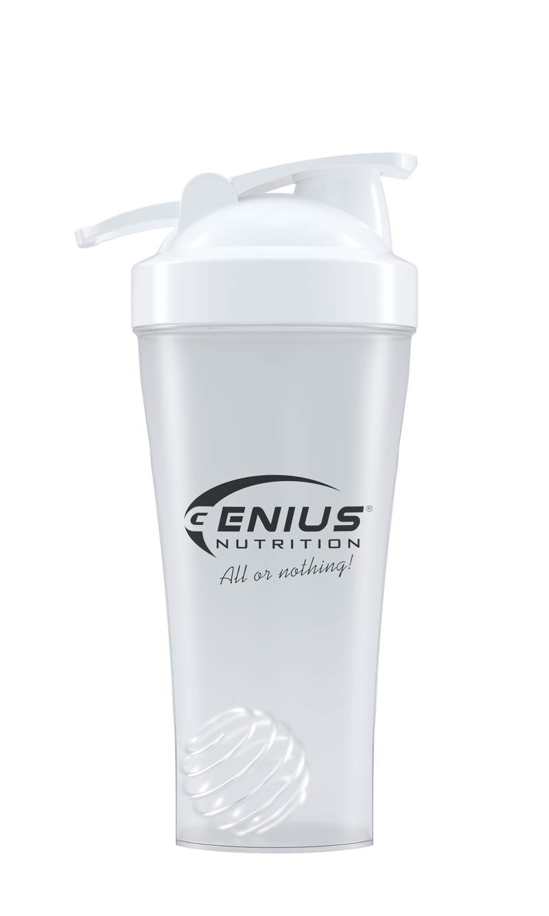 Load image into Gallery viewer, GENIUS NUTRITION® SHAKER 600ml Transparent - Made from high-quality, non-toxic polypropylene, the 600ml/20oz shaker features a screw-on lid and a metal whisk ball for smooth mixing of powdered supplements like protein, creatine, and pre-workout boosters.
