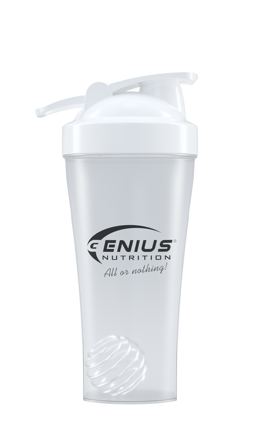GENIUS NUTRITION® SHAKER 600ml Transparent - Made from high-quality, non-toxic polypropylene, the 600ml/20oz shaker features a screw-on lid and a metal whisk ball for smooth mixing of powdered supplements like protein, creatine, and pre-workout boosters.
