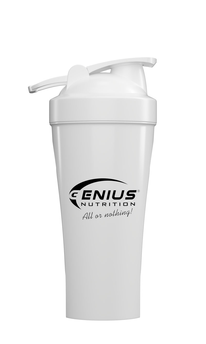 Load image into Gallery viewer, GENIUS NUTRITION® SHAKER 600ml White - Made from high-quality, non-toxic polypropylene, the 600ml/20oz shaker features a screw-on lid and a metal whisk ball for smooth mixing of powdered supplements like protein, creatine, and pre-workout boosters.

