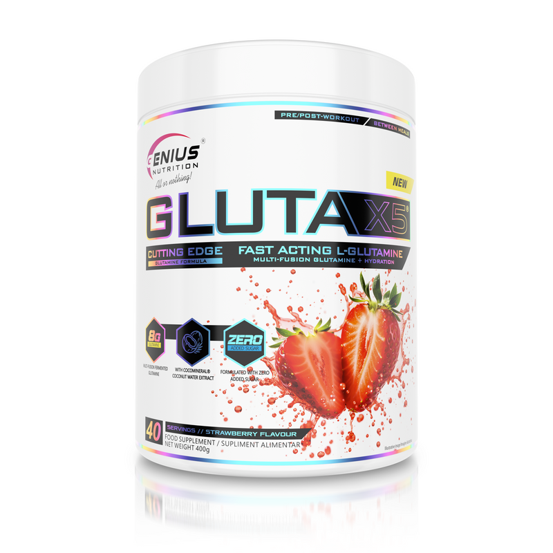 Load image into Gallery viewer, GLUTA-X5 400g 40serv Genius Nutrition Strawberry - Glutamine supplement for gut health support, immunity and muscle recovery after intense workouts.
