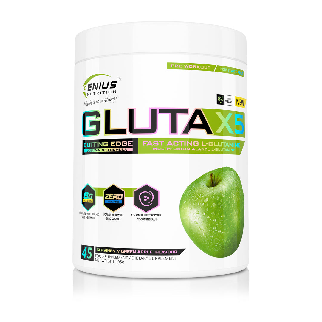 GLUTA-X5 405g 45serv Genius Nutrition Green Apple - Glutamine supplement for gut health support, immunity and muscle recovery after intense workouts.