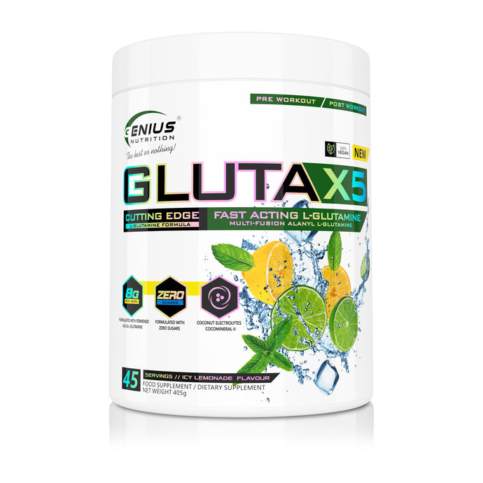 GLUTA-X5 405g 45serv Genius Nutrition Icy Lemonade - Glutamine supplement for gut health support, immunity and muscle recovery after intense workouts.