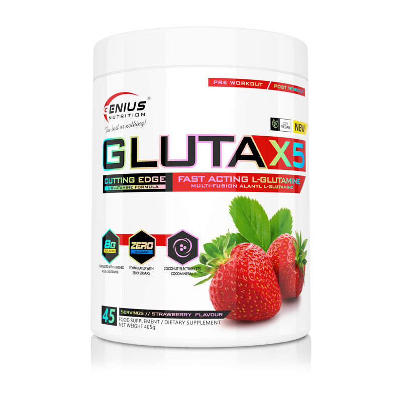 Load image into Gallery viewer, GLUTA-X5 405g 45serv Genius Nutrition Strawberry - Glutamine supplement for gut health support, immunity and muscle recovery after intense workouts.
