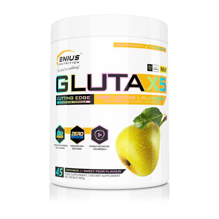 GLUTA-X5 405g 45serv Genius Nutrition Sweet Pear - Glutamine supplement for gut health support, immunity and muscle recovery after intense workouts.