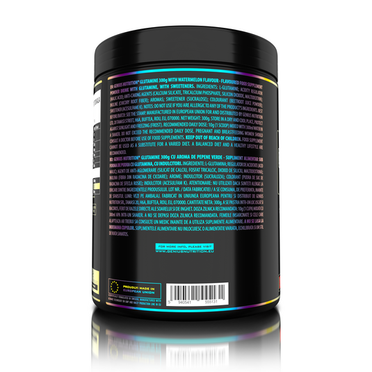 GLUTAMINE 300g 30 servings Genius Nutrition – Glutamine supplement for supporting gut health, strengthening the immune system, and aiding muscle recovery after intense workouts, with watermelon flavor.