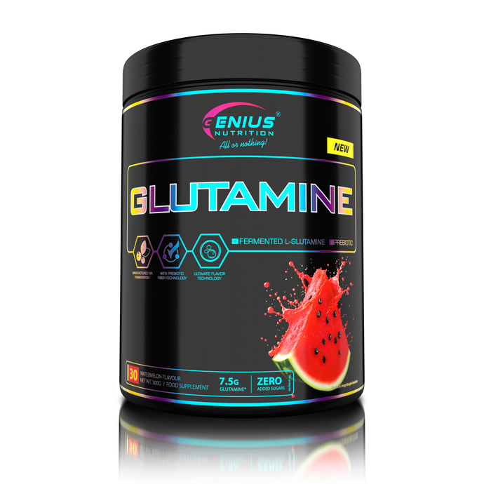 GLUTAMINE 300g 30 servings Genius Nutrition – Glutamine supplement for supporting gut health, strengthening the immune system, and aiding muscle recovery after intense workouts, with watermelon flavor.