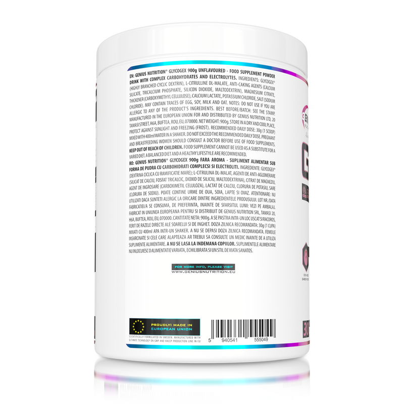 Load image into Gallery viewer, GLYCOGEX 900g 30 serv Genius Nutrition - - Fast-absorbing intra-workout supplement designed to replenish glycogen, support endurance, enhance muscle pump, and provide hydration without gastric discomfort, unflavored.
