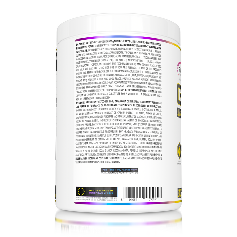 Load image into Gallery viewer, GLYCOGEX 900g 30 serv Genius Nutrition - Fast-absorbing intra-workout supplement designed to replenish glycogen, support endurance, enhance muscle pump, and provide hydration without gastric discomfort available in cherry bliss flavor.
