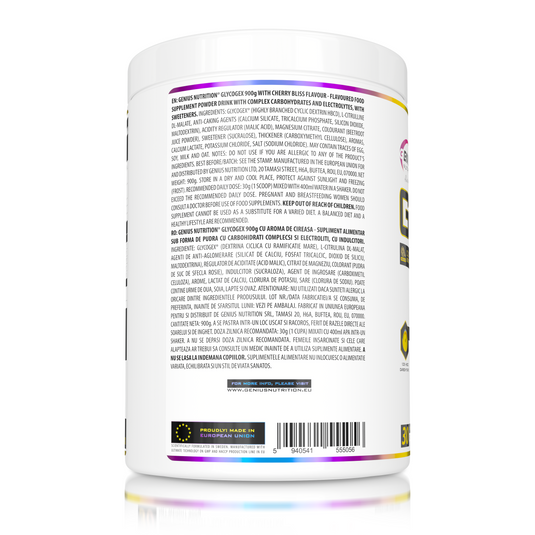 GLYCOGEX 900g 30 serv Genius Nutrition - Fast-absorbing intra-workout supplement designed to replenish glycogen, support endurance, enhance muscle pump, and provide hydration without gastric discomfort available in cherry bliss flavor.