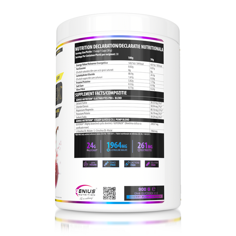 Load image into Gallery viewer, GLYCOGEX 900g 30 serv Genius Nutrition - Fast-absorbing intra-workout supplement designed to replenish glycogen, support endurance, enhance muscle pump, and provide hydration without gastric discomfort available in cherry bliss flavor.
