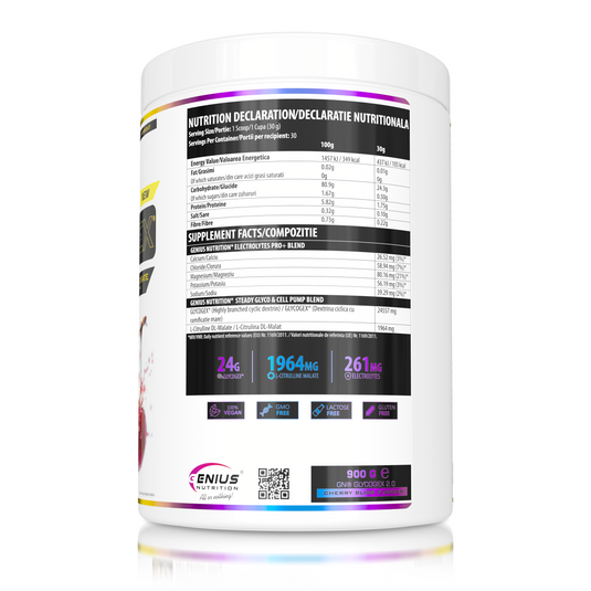 GLYCOGEX 900g 30 serv Genius Nutrition - Fast-absorbing intra-workout supplement designed to replenish glycogen, support endurance, enhance muscle pump, and provide hydration without gastric discomfort available in cherry bliss flavor.
