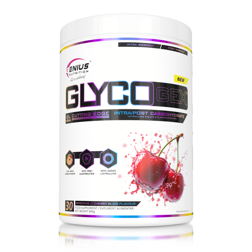 GLYCOGEX 900g 30 serv Genius Nutrition - Fast-absorbing intra-workout supplement designed to replenish glycogen, support endurance, enhance muscle pump, and provide hydration without gastric discomfort available in cherry bliss flavor.