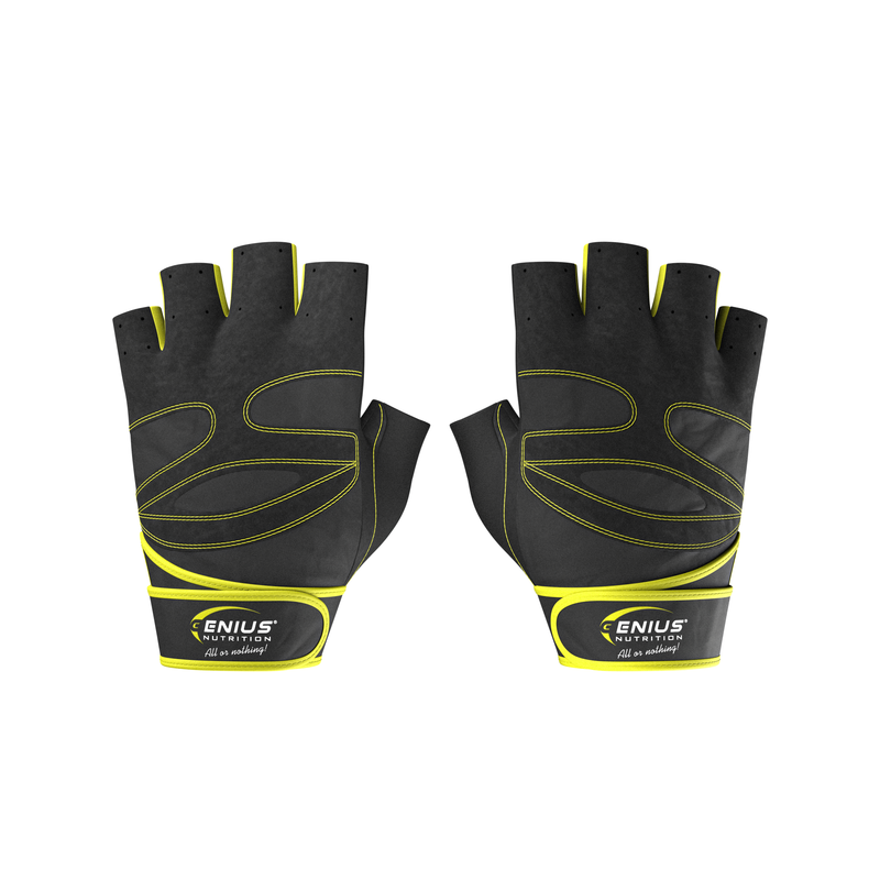 Load image into Gallery viewer, GYM GLOVES GG-1 Genius Nutrition BLACK AND YELLOW – These gloves offer enhanced grip, superior comfort, and maximum flexibility, as they are made from premium materials for durability and optimal performance.
