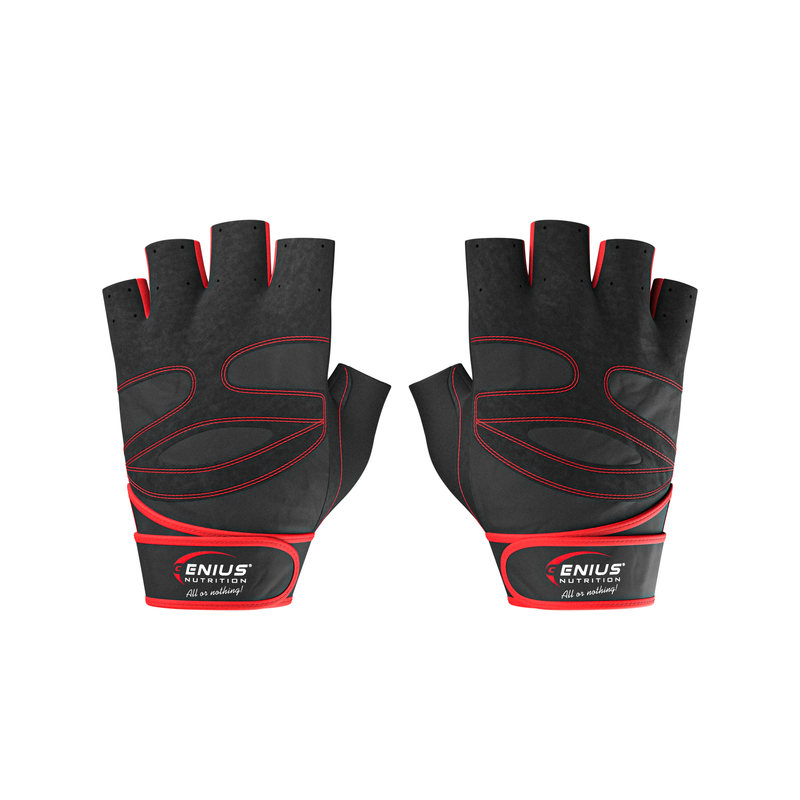 Load image into Gallery viewer, GYM GLOVES GG-1 Genius Nutrition BLACK AND RED – These gloves offer enhanced grip, superior comfort, and maximum flexibility, as they are made from premium materials for durability and optimal performance.
