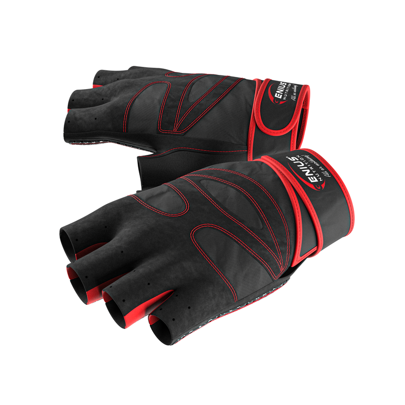 Load image into Gallery viewer, GYM GLOVES GG-1 Genius Nutrition BLACK AND RED – These gloves offer enhanced grip, superior comfort, and maximum flexibility, as they are made from premium materials for durability and optimal performance.
