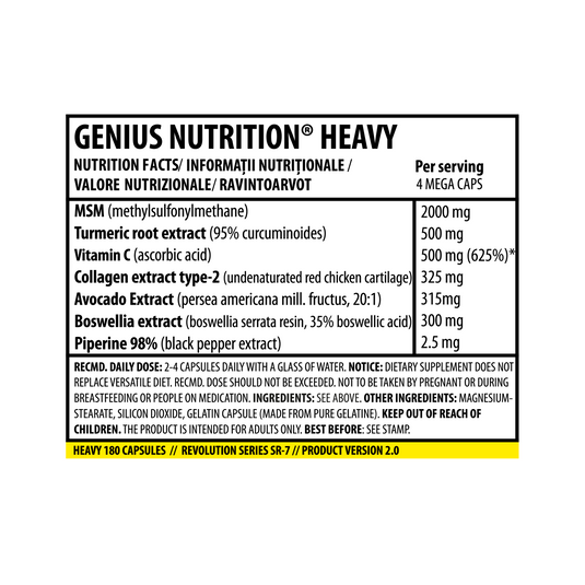 HEAVY 180caps 45serv Genius Nutrition – Anti inflammatory supplement for ligament repair, essential for activities that intensely stress the joints.