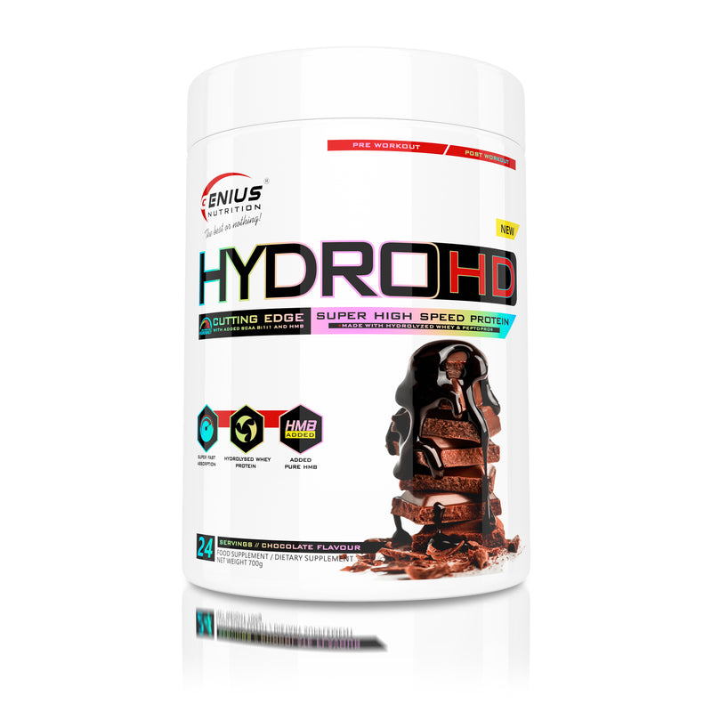 Load image into Gallery viewer, HYDRO-HD 700g 24serv Genius Nutrition Chocolate - Hydrolyzed whey protein supplement with rapid absorption for muscle recovery and growth enhanced with HMB and BCAA for superior protein synthesis.
