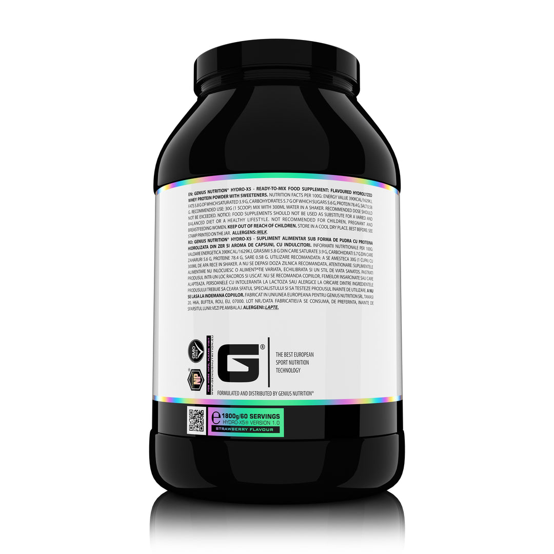 HYDRO-X5 1800g 60serv Genius Nutrition - Hydrolyzed whey protein supplement with rapid absorption with no added sugar and reduced lactose content for muscle recovery and growth.