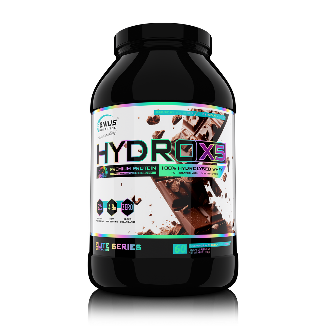 HYDRO-X5 1800g 60serv Genius Nutrition Chocolate - Hydrolyzed whey protein supplement with rapid absorption with no added sugar and reduced lactose content for muscle recovery and growth.