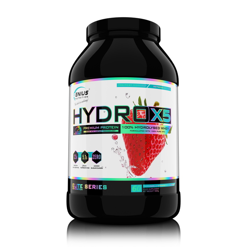 Load image into Gallery viewer, HYDRO-X5 1800g 60serv Genius Nutrition Strawberry - Hydrolyzed whey protein supplement with rapid absorption with no added sugar and reduced lactose content for muscle recovery and growth.
