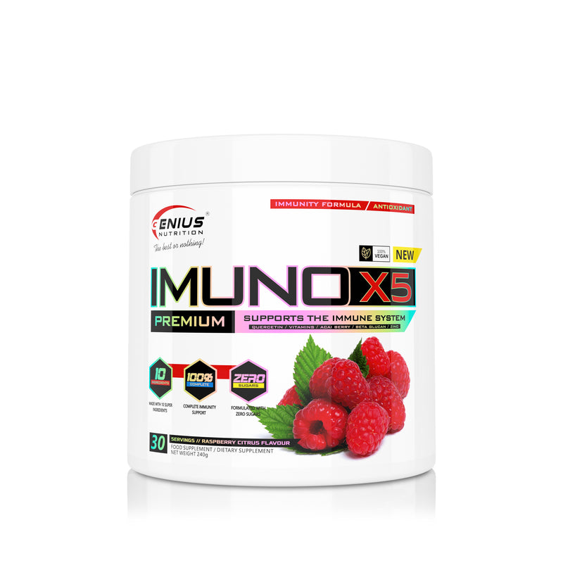 Load image into Gallery viewer, IMUNO-X5 240g 30serv Genius Nutrition Raspberry Citrus - Natural antioxidant supplement high in vitamin C, vitamin D3, and zinc, specially formulated to boost your immune system.
