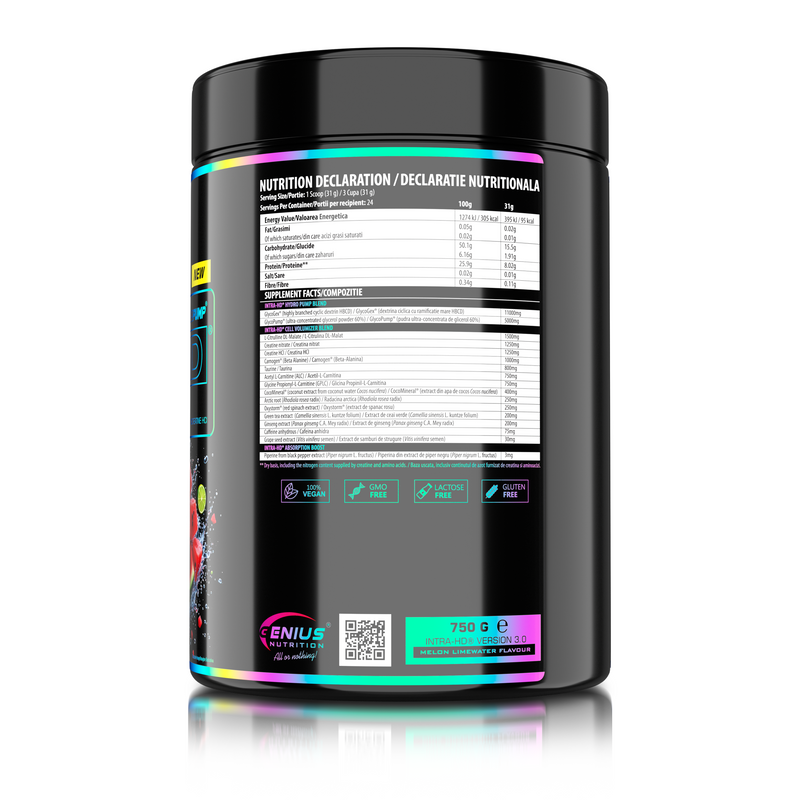 Load image into Gallery viewer, INTRA-HD 750g 24serv Genius Nutrition Melon Limewater - Intra-workout supplement for glycogen replenishment, energy, muscle volumization and endurance.
