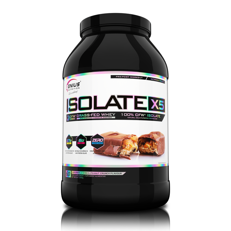 Load image into Gallery viewer, ISOLATE-X5 2000g 60serv Genius Nutrition Choco-Peanut Crunch - Fast absorbing WPI supplement with low carb content and rich in BCAA, obtained through natural CFW® filtration.
