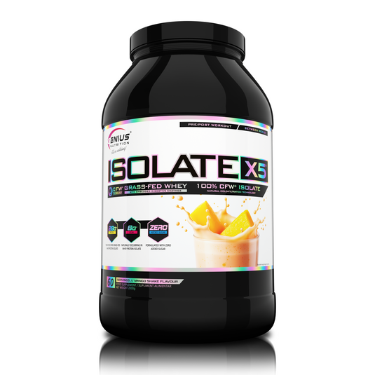 ISOLATE-X5 2000g 60serv Genius Nutrition Mango Shake - Fast absorbing WPI supplement with low carb content and rich in BCAA, obtained through natural CFW® filtration.